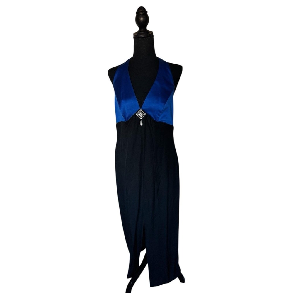 Halter Maxi Dress Blue Black Beaded Pearl Accent Formal Vintage Prom Y2K 32" wst - Picture 5 of 10
